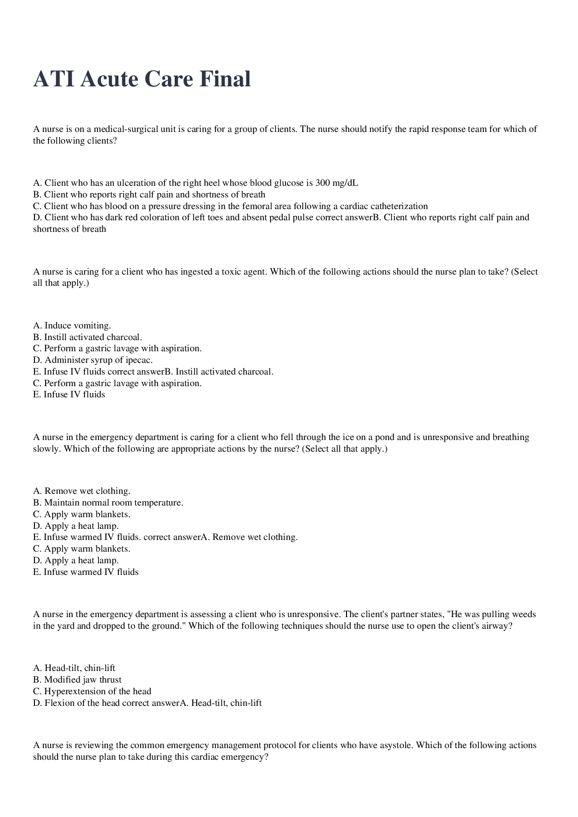 Preview image for ATI Acute Care Final exam 2022/2023 with 100% correct answers